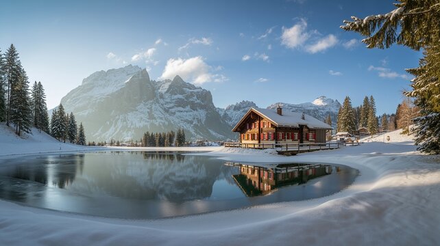 Idyllic snow-covered wooden chalet reflecting in a frozen mountain lake surrounded by pine trees under a clear blue sky, perfect for winter travel