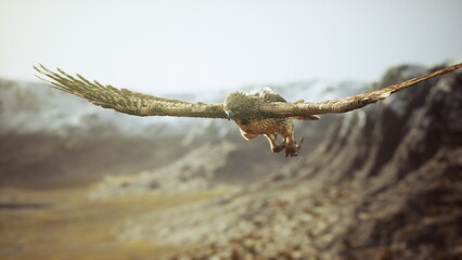 A powerful hawk glides through the sky with outstretched wings, overlooking a stunning mountainous terrain at sunset. The warm light highlights its feathers and the rocky backdrop.