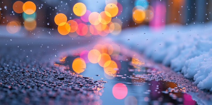 Abstract winter background of a wet street with snow and rain. City lights create a colorful bokeh reflection in a puddle at night