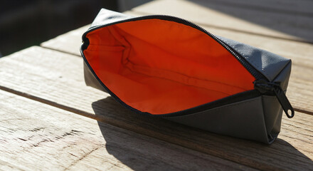 Empty first aid kit with orange interior on wooden table, storage pouch for medical supplies, copy space