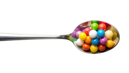 A spoon filled with colorful gumballs isolated on transparent background