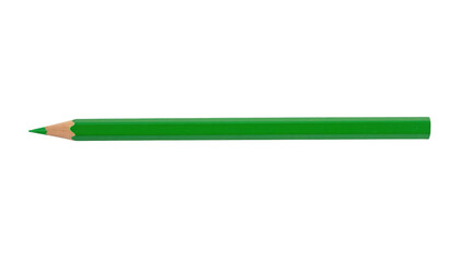 Green wooden coloring pencil with a sharpened tip, ready for use, isolated horizontally on a pure transparent background.