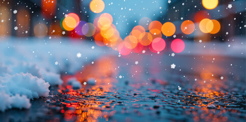 Winter snowfall on a wet city street at night with colorful bokeh lights. Festive Christmas and New Year holiday background
