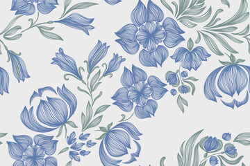 Vintage floral ethnic tapestry modern embroidery texture boho design vector illustration hand drawn silhouette indigo blue flower motif branches leaves wallpaper seamless background border.	
