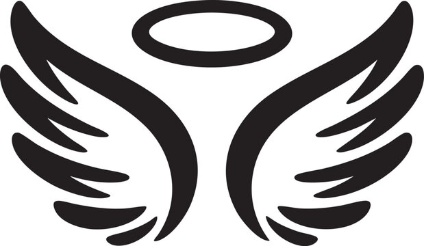 A stylized black silhouette of angel wings with a halo above them on a textured white background.