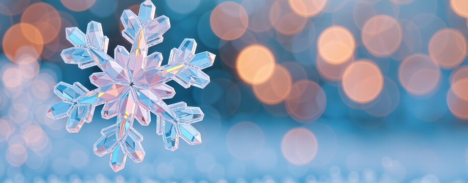 A crystal snowflake on a festive blue background. Winter holiday decoration with golden bokeh for Christmas and New Year celebrations