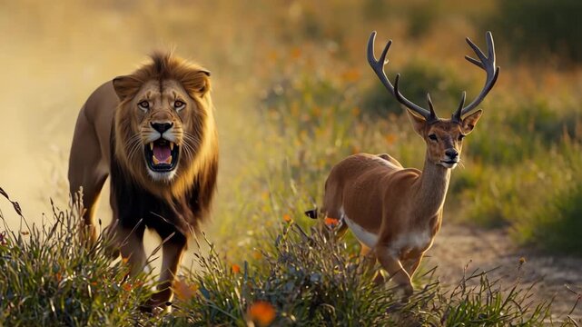 A lion chasing a deer in the wilderness, creating a dramatic scene of survival