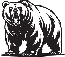 Fototapeta premium A powerful, detailed black and white illustration of a grizzly bear with an aggressive stance and bared teeth.