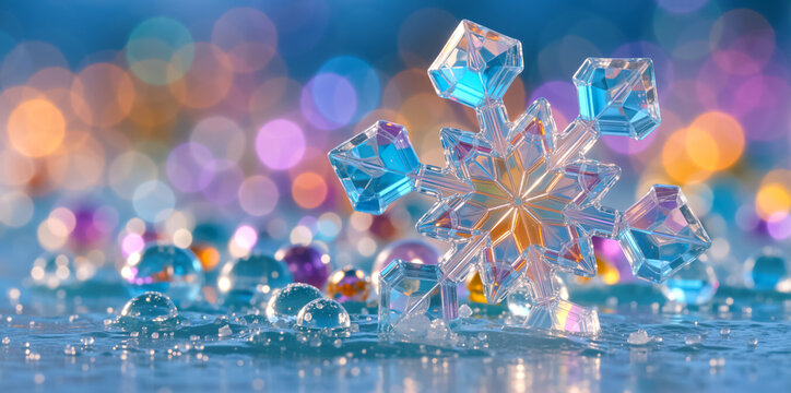 A crystal snowflake on an icy surface with festive bokeh lights. Winter holiday background for Christmas and New Year