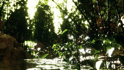 Sunlight filters through dense foliage, illuminating vibrant green plants flourishing by the calm waters edge. Natures serenity invites a moment of peace and reflection.