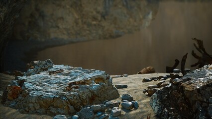 Obraz premium Sunlight filters through the underwater cave, illuminating glistening rocks and hidden treasures beneath the sandy surface, inviting adventurous spirits to discover the secrets below.