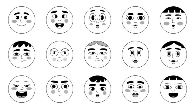 Expressive cartoon faces showing diverse emotions for animation, playful character designs, and relatable expressions perfect for social media or educational content