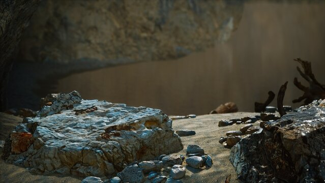 Sunlight filters through the underwater cave, illuminating glistening rocks and hidden treasures beneath the sandy surface, inviting adventurous spirits to discover the secrets below.