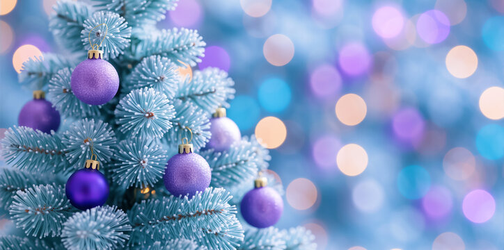 Frosted blue Christmas tree with purple ornaments. Festive holiday background with bokeh for the winter season and New Year - Powered by Adobe