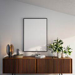Modern Living Room Poster Frame Mockup with Natural Light and Minimalist Decoration. 3D render.