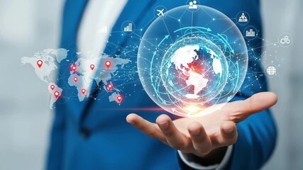 Businessman holding a glowing globe with world map and network connections motion animated video 4k - Powered by Adobe