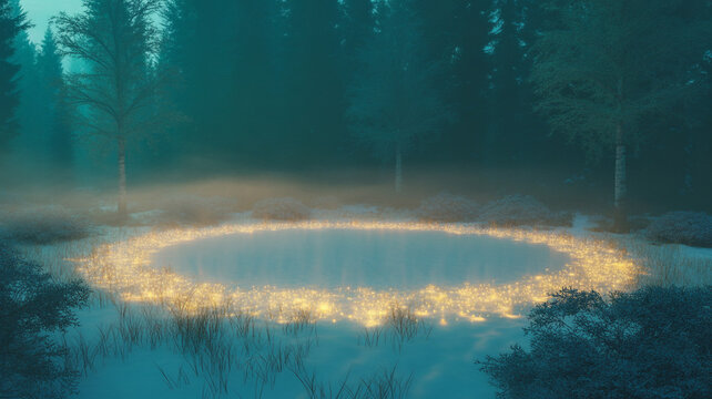 Discover a magical luminous lake in a misty forest, a serene and enchanting landscape that inspires peace and wonder, perfect for fantasy art and dreamy backgrounds - Powered by Adobe