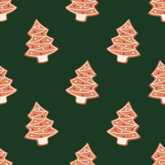 Seamless pattern with gingerbread cookie in form of Christmas tree decorated of sugar icing on a dark green background. Vector festive background.