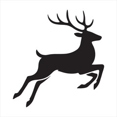 Fototapeta premium Leaping stag silhouette with majestic antlers, dynamic wildlife illustration, elegant black deer graphic, jumping reindeer icon, graceful animal design for winter and nature themes, white background
