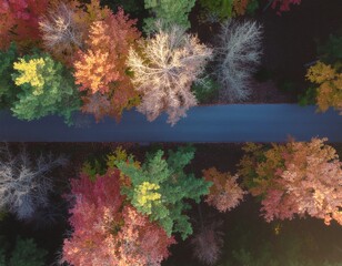 Autumn Forest Road From Above With Vibrant Red and Orange Foliage