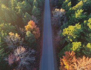 Autumn Forest Road From Above With Vibrant Red and Orange Foliage