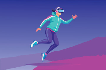 Virtual reality fitness experience concept woman running in metaverse wearing VR goggles for exercising and augmented reality training platform digital health and wellness technology illustration 
