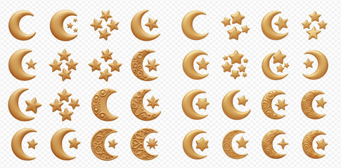 Collection of golden 3D crescent moons and stars, some with intricate patterns, on a transparent background. © Heri