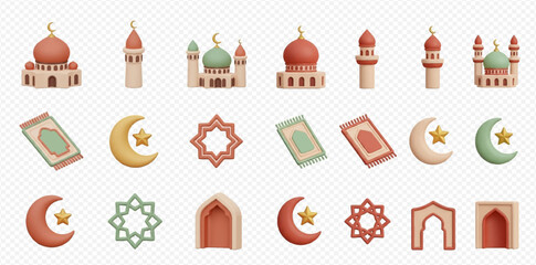 3D rendered collection of Islamic religious symbols and architecture, including mosques, minarets, prayer mats, crescent moons with stars, geometric patterns, and archways.