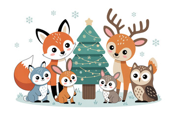 Festive forest friends celebrate Christmas joy by the decorated evergreen tree, spreading holiday cheer with a cute fox, deer, owl, and bunnies in a winter wonderland
