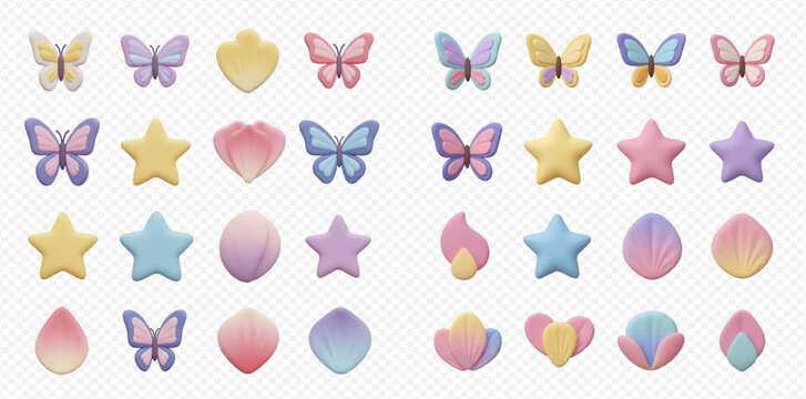 Collection of cute pastel 3D shapes including butterflies, stars, hearts, and floral elements on transparent background.