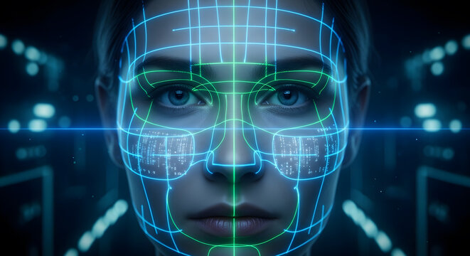 Futuristic digital human face with neon grid overlay and blue green light effects - Powered by Adobe