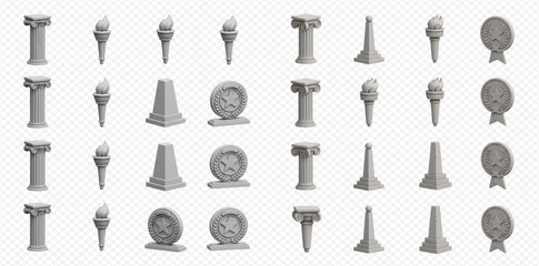 A collection of 3D rendered grey ancient-themed objects including columns, torches, pedestals, and circular medallions on a transparent background.