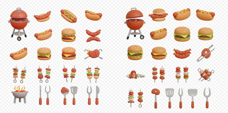 3D rendered collection of barbecue food items and grilling tools, including hot dogs, burgers, skewers, sausages, and a charcoal grill.