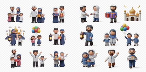 3D cartoon illustrations of Muslim families celebrating Eid al-Fitr, featuring parents and children with gifts, lanterns, and balloons, against mosque backgrounds.