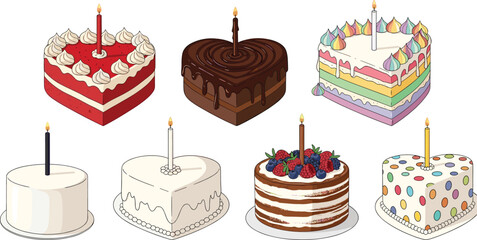 Set of happy birthday sweet chocolate cake, cupcakes, and pie with burning candles for celebration party food illustration