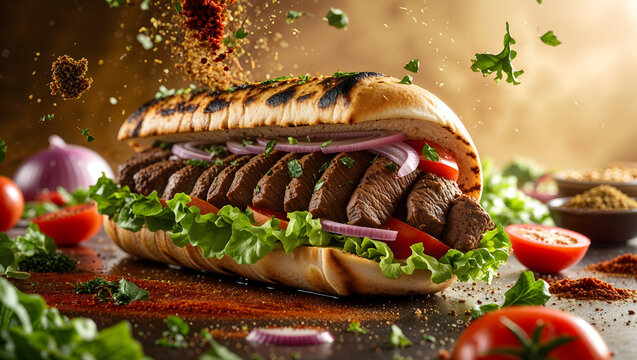 Shawarma doner sandwich beef chicken grilled flying ingredients spices vegetables lettuce tomato onion tahini sauce juicy meat shallow depth warm appetizing textures colors generative AI