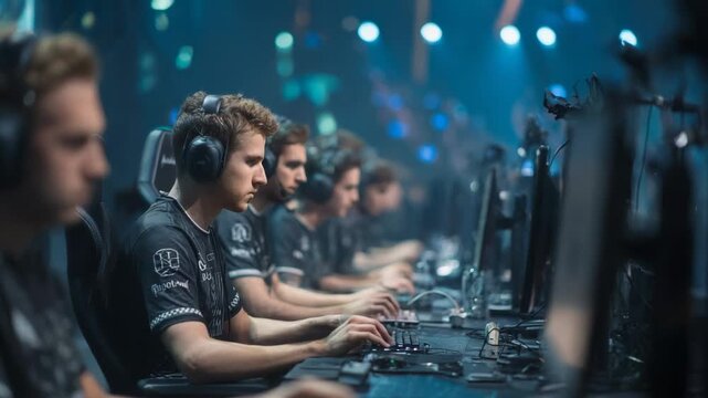 Competitive gamers focused on their screens during an esports tournament