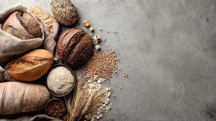 Various breads, grains and ears of wheat on a grey table.