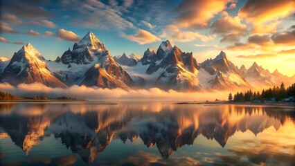 Majestic snow capped mountains bathed in the warm glow of a vibrant sunset reflected in a serene lake