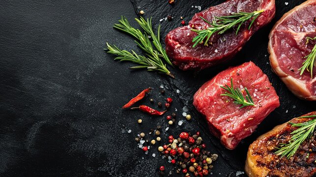 Various grilled raw meat steaks with seasonings on a black background. Banner, top view
