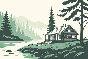 &ldquo;Tranquil escape: forest cabin and misty lake, soft tones vector&rdquo;