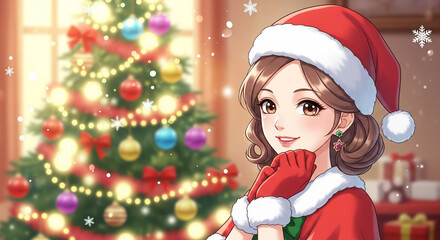 girl in santa claus hat with christmas tree