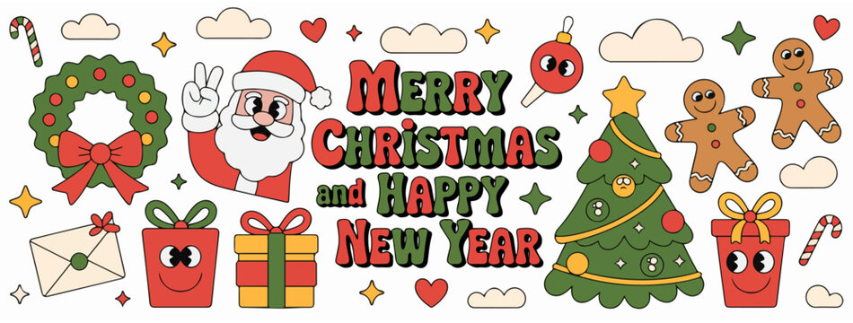 christmas cartoon sticker vector icon set