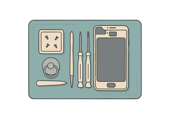 flat vector handdrawn soft palette clean outlines white background electronics repair precision screwdrivers spudger suction cup screws tray antistatic mat no logos no gloss