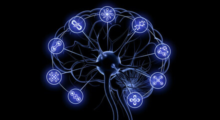 Abstract digital illustration of a glowing neural network with interconnected nodes and pathways on a dark background