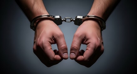 Close up of male hands in metal handcuffs. Imprisonment, capture, or arrest concept. Crime, justice, and law enforcement.