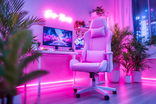 Cyberpunk gaming den with black light neon LED strips ergonomic chair