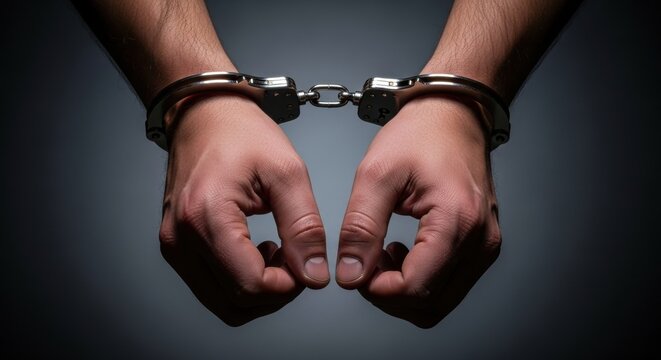 Close up of male hands in metal handcuffs. Imprisonment, capture, or arrest concept. Crime, justice, and law enforcement.