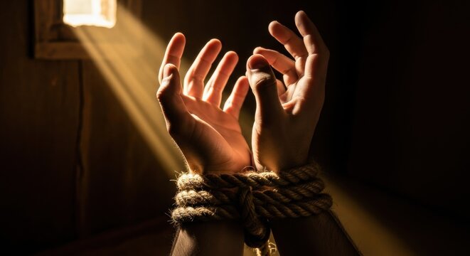 Man with hands tied by rope. Symbol of slavery, captivity, human trafficking, and bondage to addiction or struggle for freedom