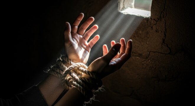 Close up of a persons hands tightly bound with rope, symbolizing slavery, oppression, and confinement. Concept of hardship and hopeful resilience.